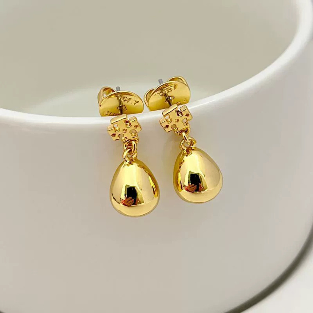 Tory Burch Gold Plated Copper Letter Teardrop Earrings Gold Bead